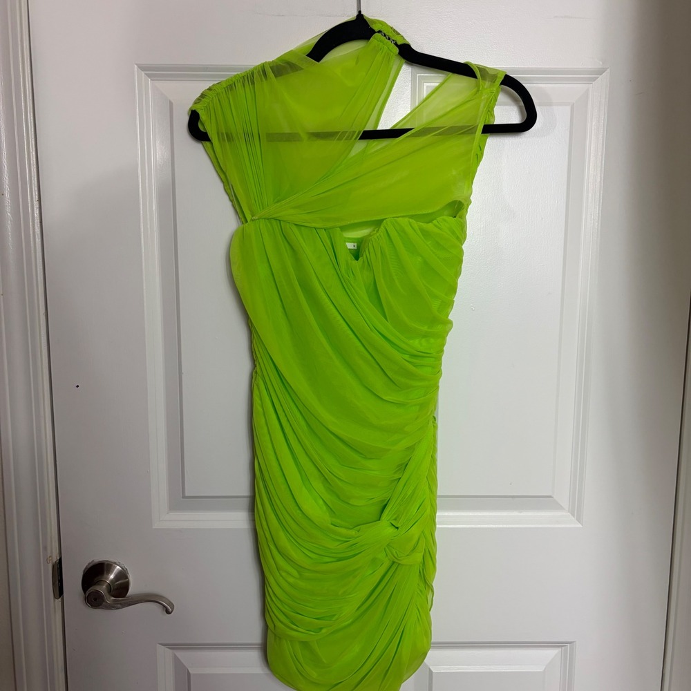 House of CB Adrie Neon Lime Green Ruched Mesh Mini Dress Asymmetric Size S